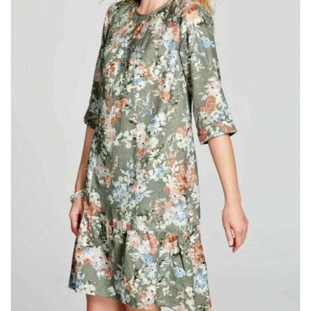 J Jill Love Linen Floral Caraway Fresh Bloom Ruffle Hem Dress Sage Sz XL Petite